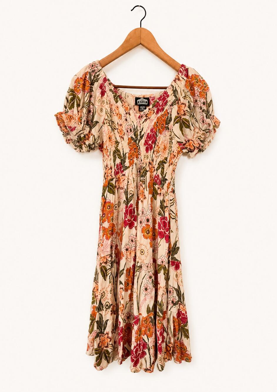 NWOT Floral Midi Dress S Cream Pink Orange Smocked Boho Puff Sleeve 100% Rayon